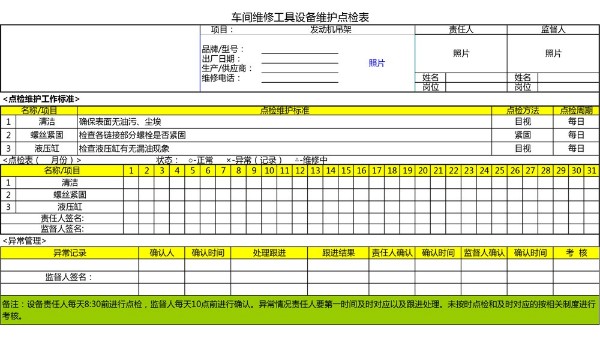 汽車4S店-發(fā)動機吊架 設(shè)備維護點檢表