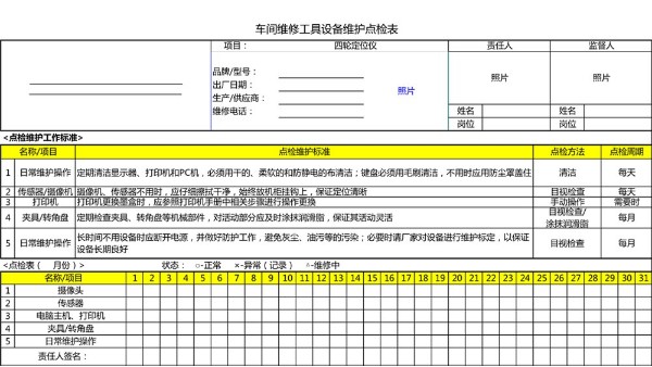 汽車4S店-四輪定位儀 設備維護點檢表