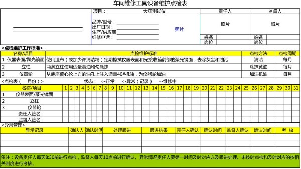 汽車4S店-大燈測試儀 設(shè)備維護(hù)點(diǎn)檢表